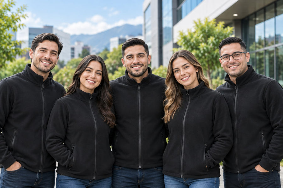 Cinco colaboradores con chaquetas fleece negras de dotación frente a un edificio de oficinas